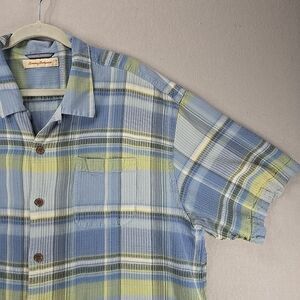 Tommy Bahama Men Silk Camp Shirt Sz XXL Blue Green Plaid Textured Tropical Beach